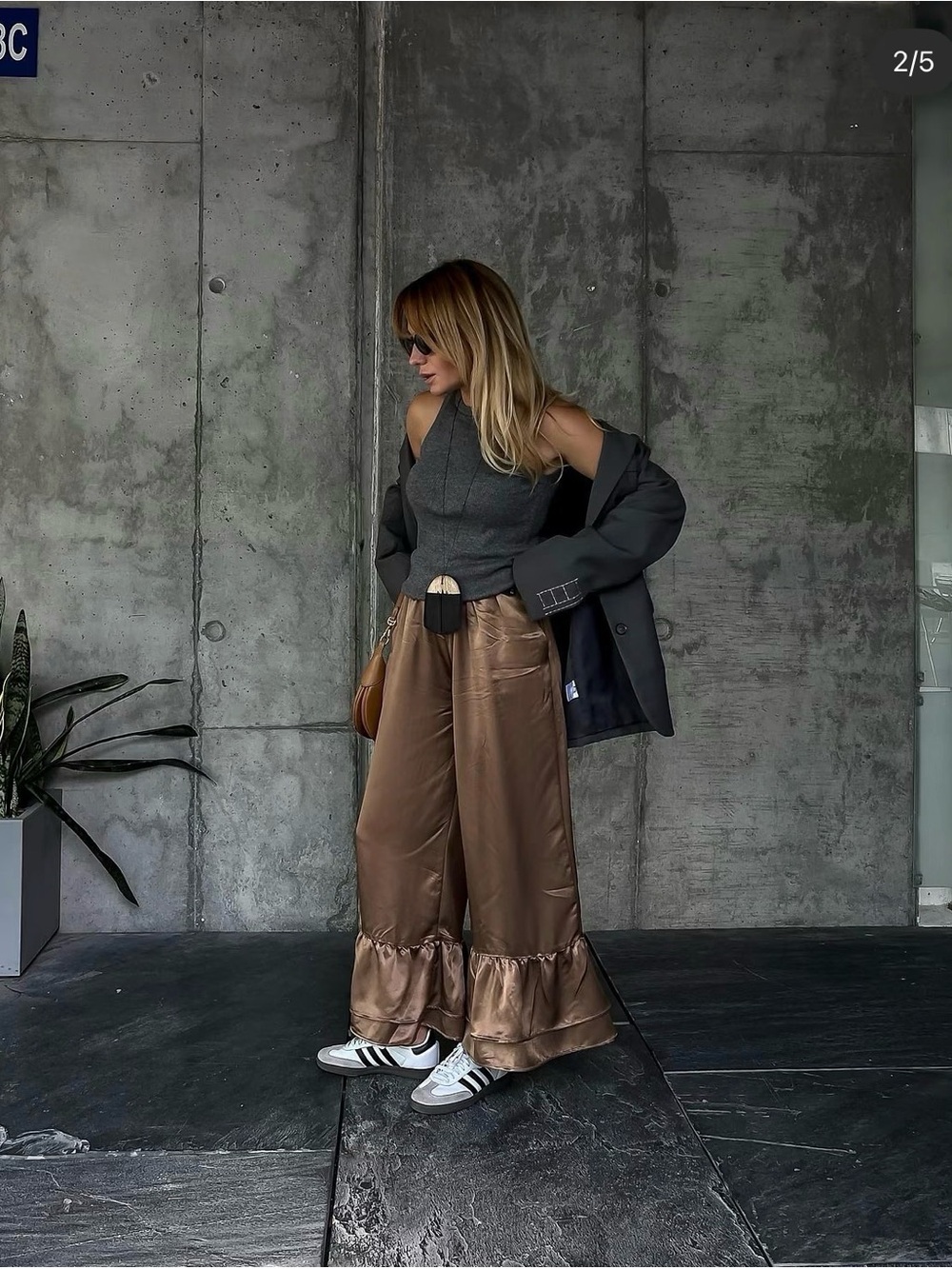 Satin Wide-Leg Ruffle-Hem Pants in Bronze - Picture 3 of 6